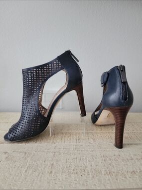 Louise et Cie Navy Laser-Cut Peep-Toe High Heel Booties